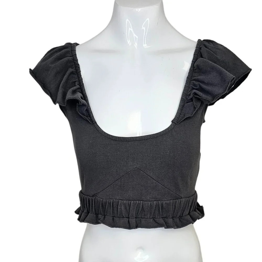 Anthropologie Cross  Back Ballet Crop Top Flutter Sleeve Carbon Size XS